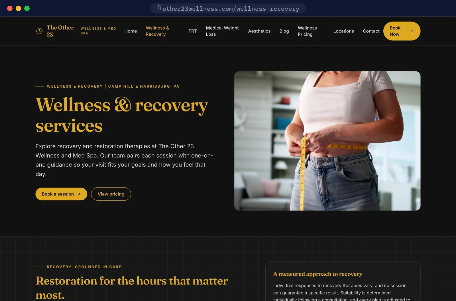 Browser mockup of the Wellness and Recovery service page on other23wellness.com, listing recovery and IV therapy treatments