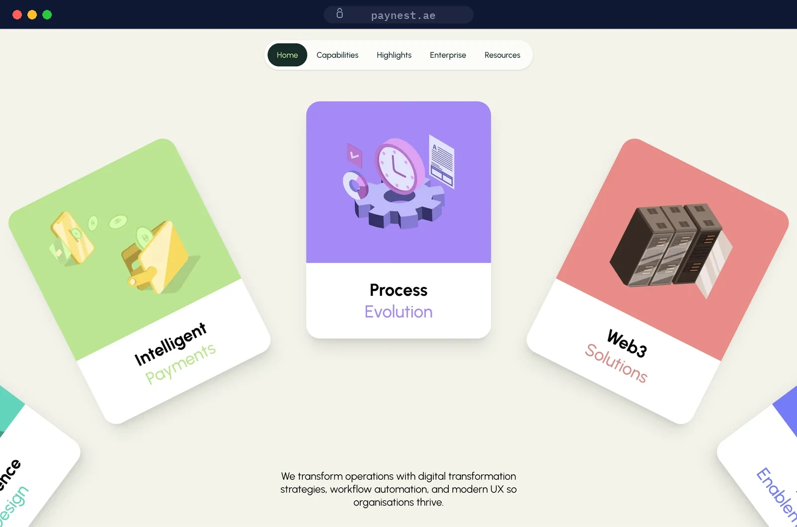 Browser mockup of the PayNest Technologies website at paynest.ae, showing capability cards for intelligent payments, process evolution and Web3 solutions