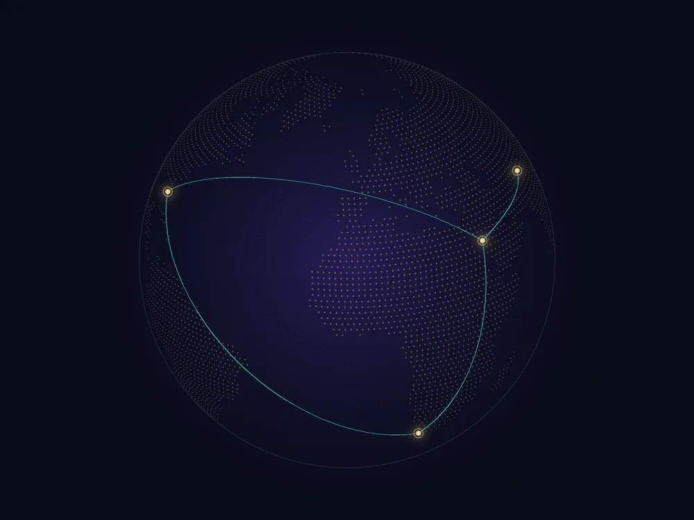 Dotted globe with signal lines linking St. Petersburg, Madinah, Cape Town and Islamabad