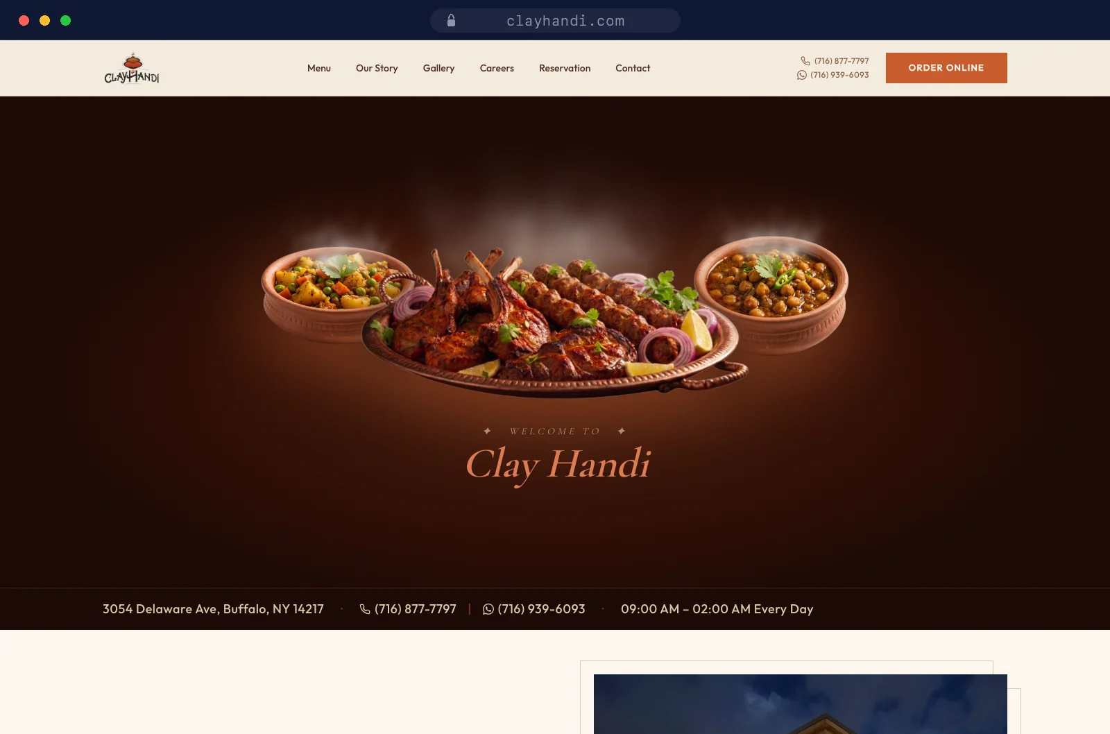 Browser mockup of the Clay Handi website at clayhandi.com, showing the clay-pot dishes hero