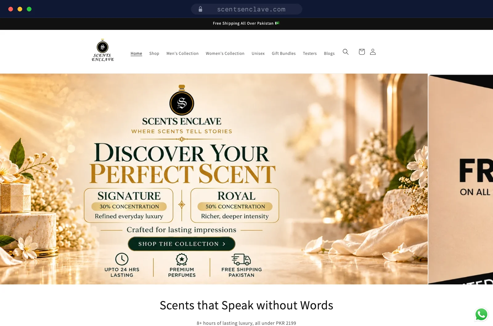 Browser mockup of the Scents Enclave Shopify storefront at scentsenclave.com, showing the perfume collection hero